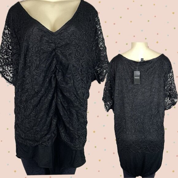 Torrid +5 Black Lined Lace Cinched V-Neckline Sheer Short Sleeve Brief Bodysuit - Picture 1 of 6